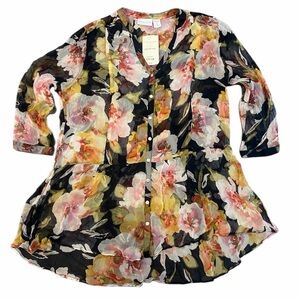 Soft Surroundings Autumn Bloom Top Women’s XL – Black Floral Sheer Tunic